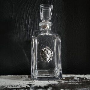 Vintage Italian Glass Decanter With Lion Head Embellishment Clear Square Bottle